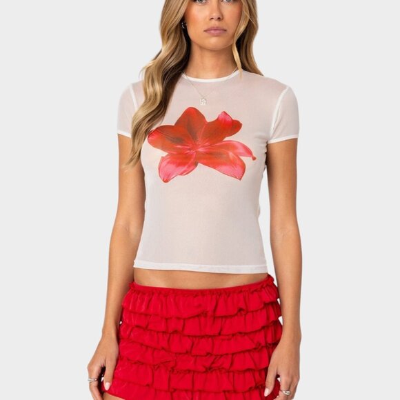 NWT Edikted Women's Aloha Sheer Mesh T Shirt - Picture 1 of 4